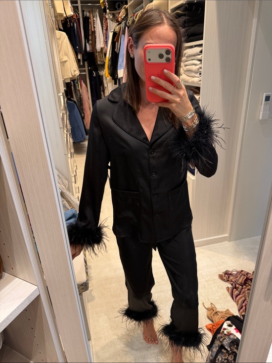 NADINE MERABI Pants - NADINE MERABI Black Feather Trim Pajama-Style Pantsuit